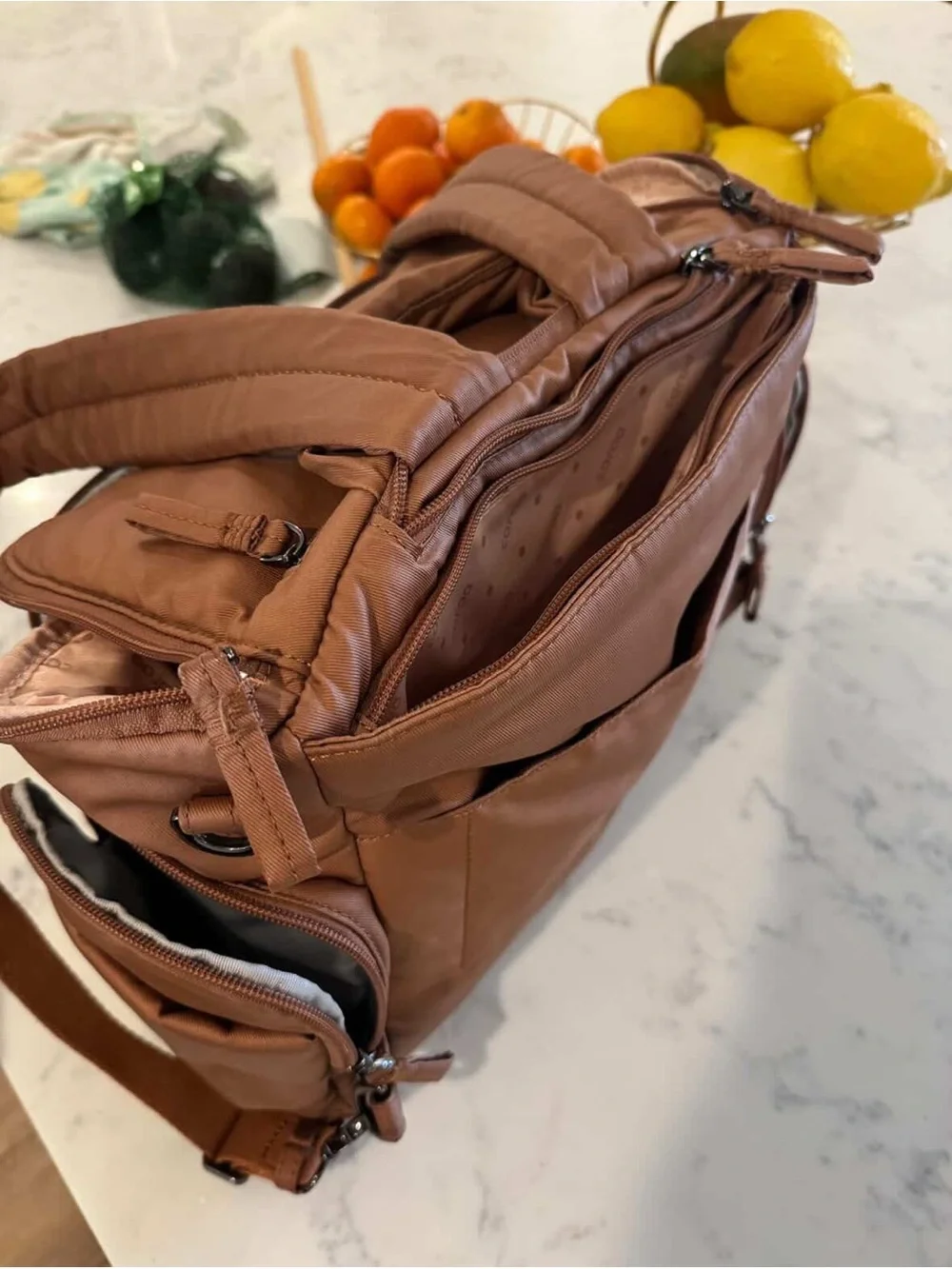 CAARA Medium Baby Bag in Cognac/Brown Cotton